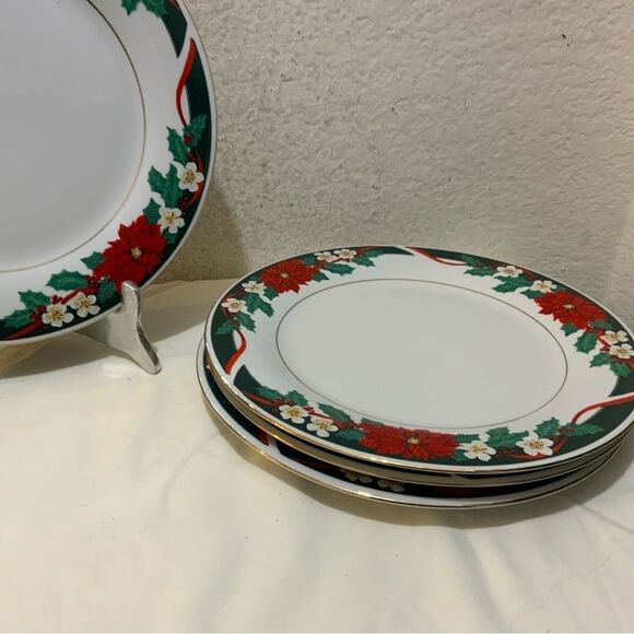 Tienshan DECK THE HALLS Set of 4 Dinner Plates Christmas Poinsettia Gold Rim - Picture 3 of 9